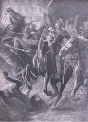 Una carica notturna della cavalleria britannica durante il movimento di spazzamento in ottobre 2014, da History of the Great War Vol 3 pubblicato da Waverley Book Co Limited